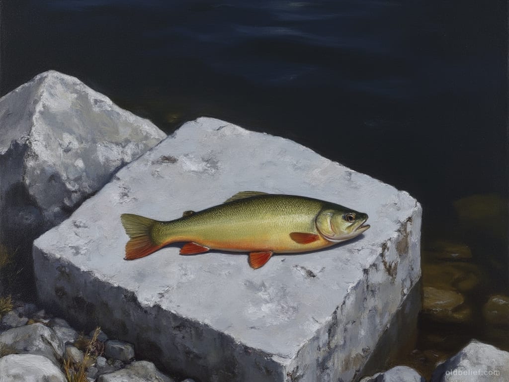 Single char with olive back and red-edged fins lying on a flat pale shoreline stone beside dark lake water
