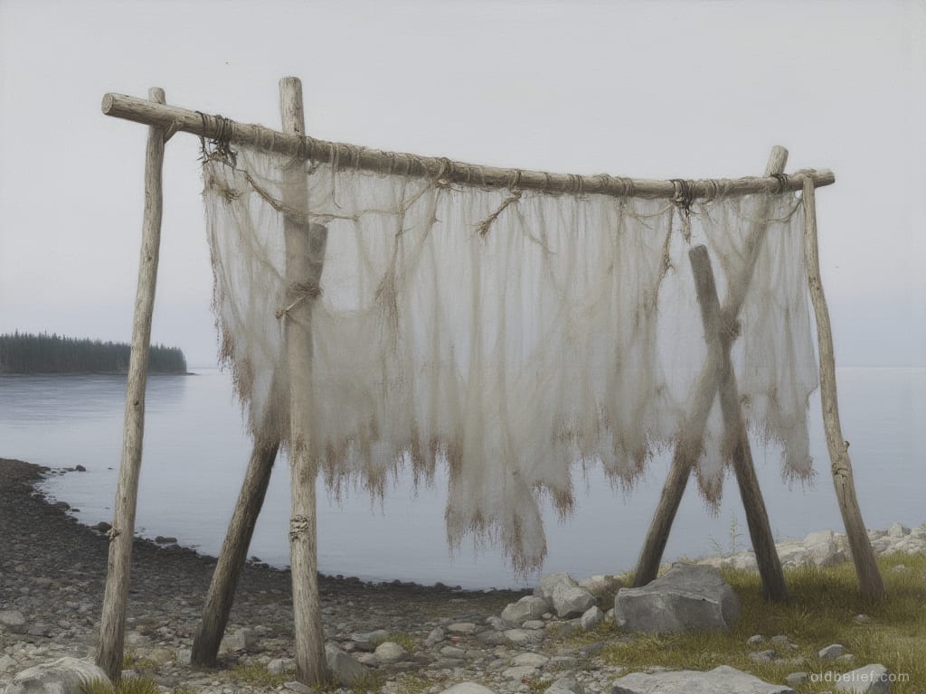Pale fishing net hung to dry over a rack of lashed poles on a stony lakeshore under a flat grey sky