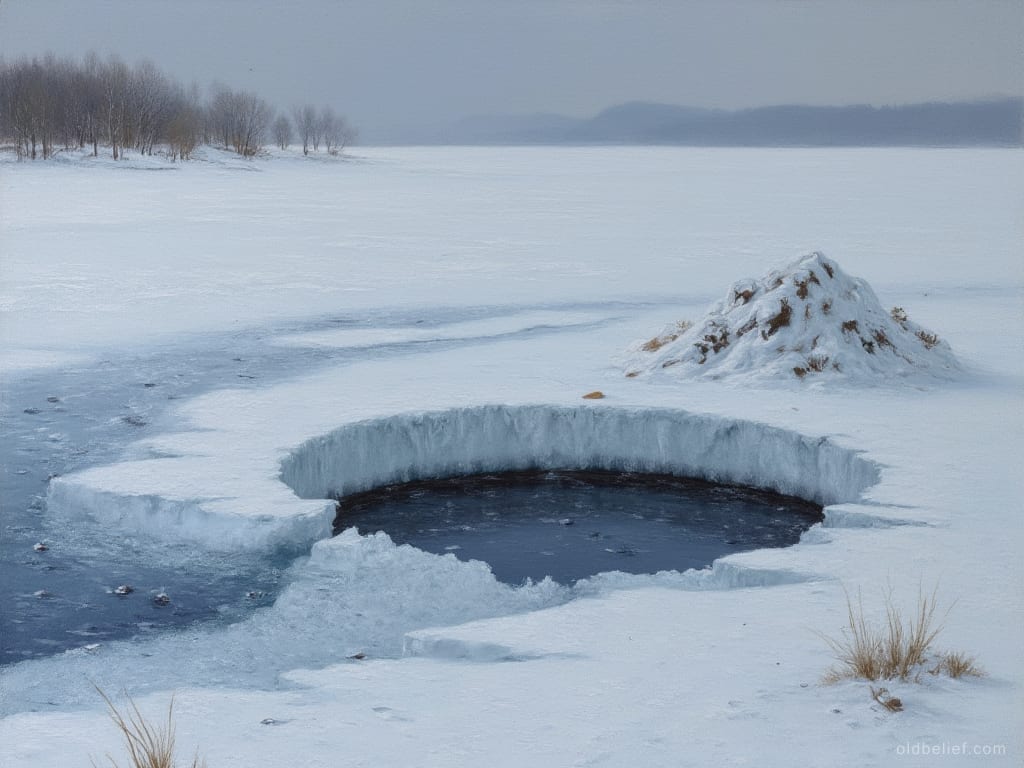 Wide hole of black open water broken through thick lake ice, snow and a frozen reed hummock around it, grey winter shore beyond