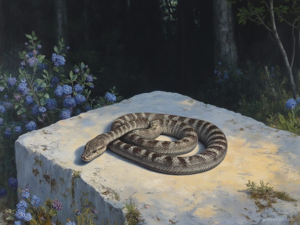 Grey adder with a dark zigzag down its back coiled on a flat pale stone in a patch of sun, dark forest and blue flowers behind it