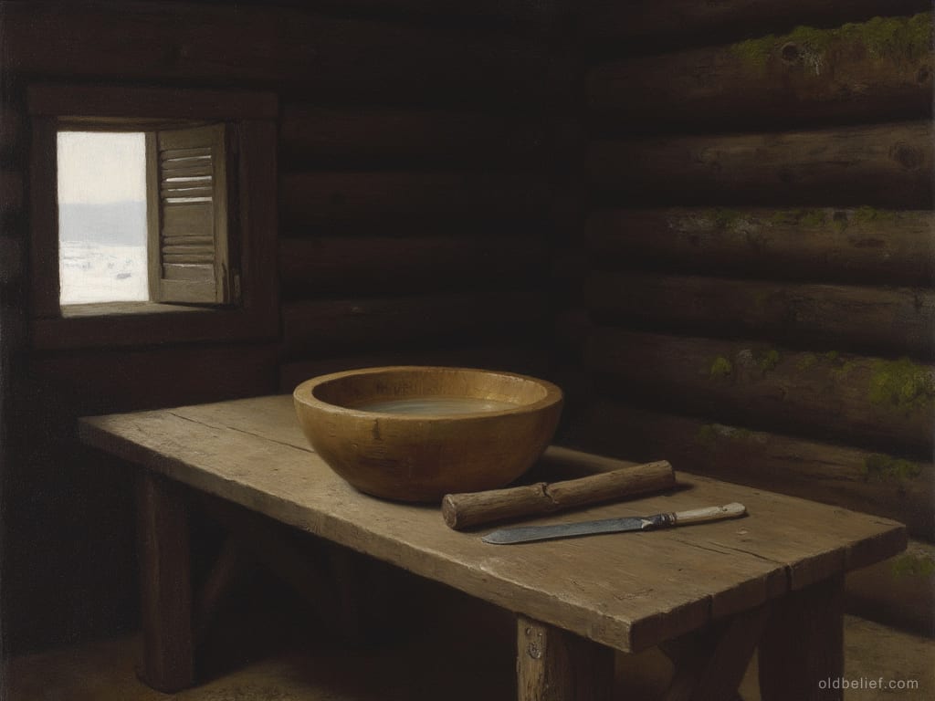 Plank bench table in a dim log room with a wooden bowl of water, a knife and a short wooden billet laid out on it, the shutter open on a grey window, nobody present