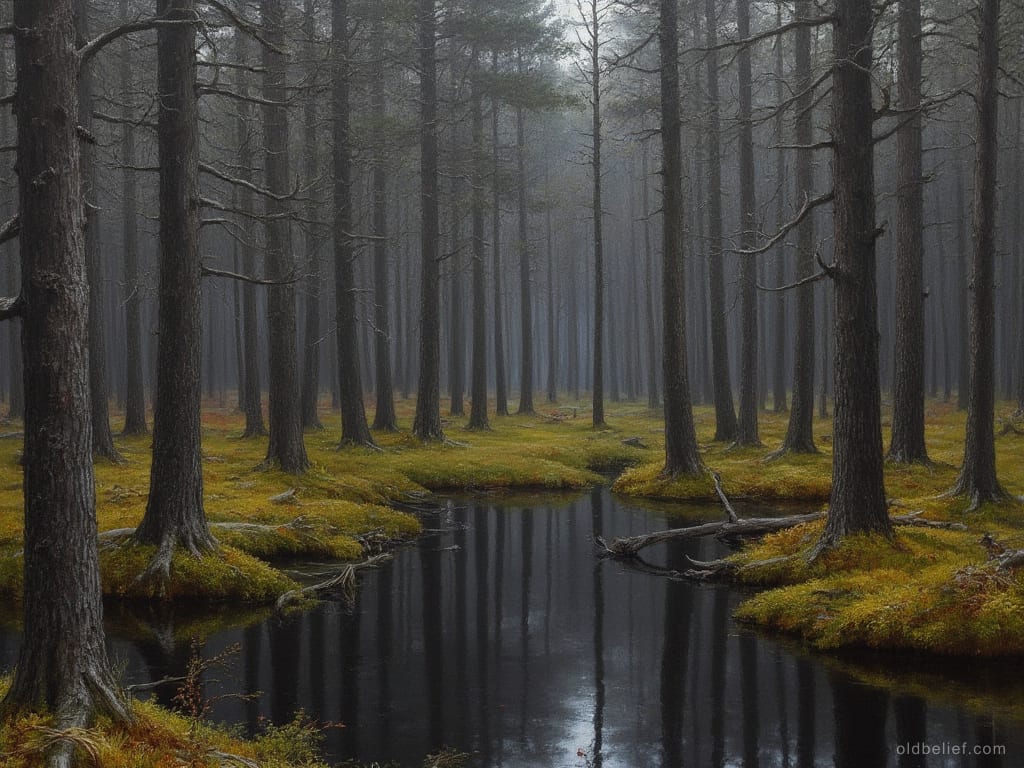 Bog pines with bare lower trunks standing in yellow-green moss hummocks around a channel of still black water, mist between the trees