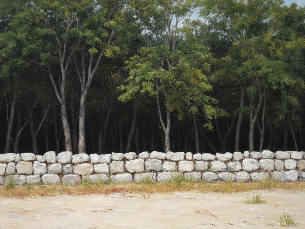 Low dry-stone wall of white limestone running straight across the frame, bare cleared ground in front of it and dense dark forest rising behind