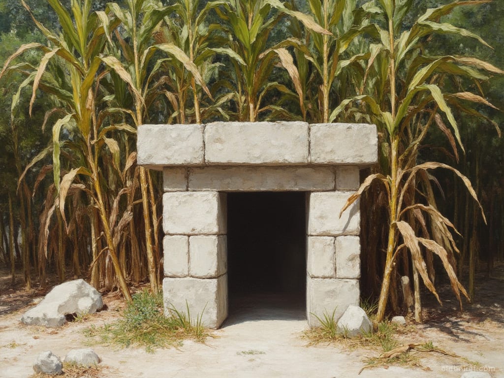 Small shrine built of squared pale limestone blocks with a dark empty doorway, standing on bare ground with dry maize growing close behind it