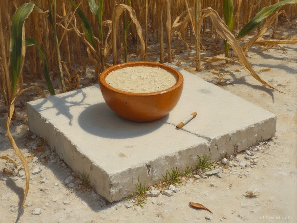 Glazed clay bowl of thick maize gruel standing on a flat white limestone slab in full sun, a single filtered cigarette laid on the stone beside it, dry maize behind