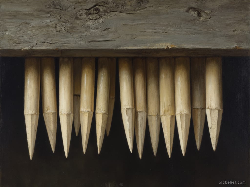 Sharpened bamboo sticks set upright between floor slats of a stilt house