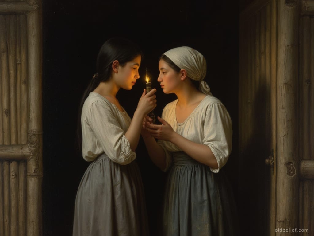 Two women in a dark doorway at night, one holding up an oil lamp and looking closely into the other's eye