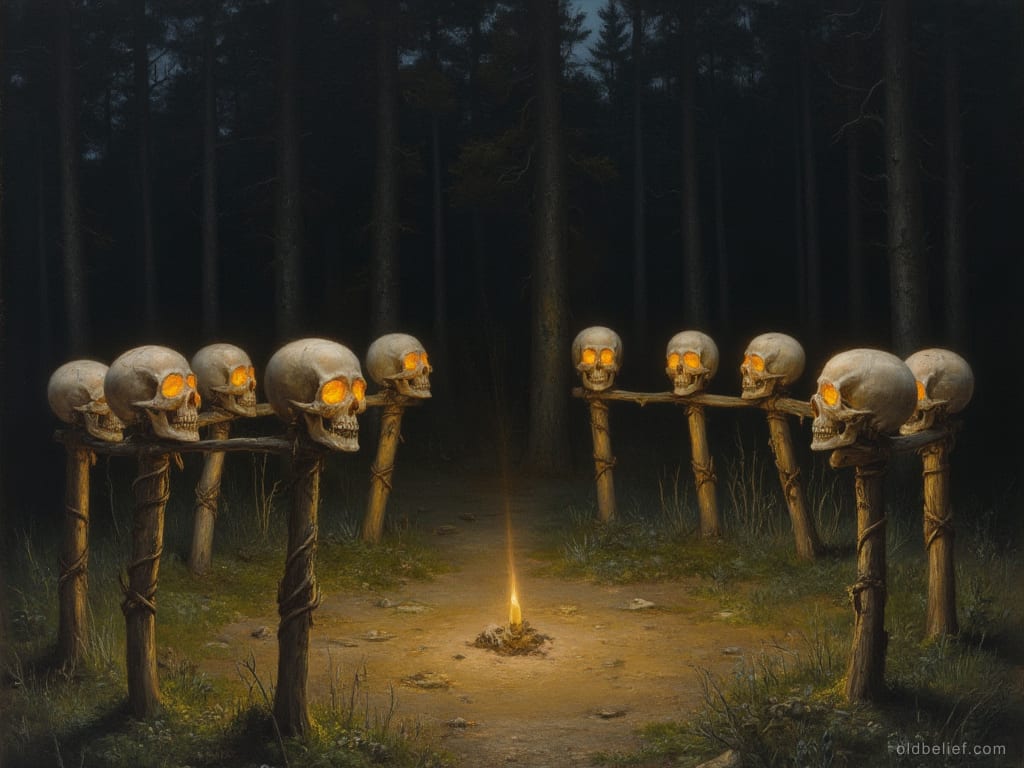 Fence of human bones topped with skulls whose eye sockets glow, ringing a forest clearing