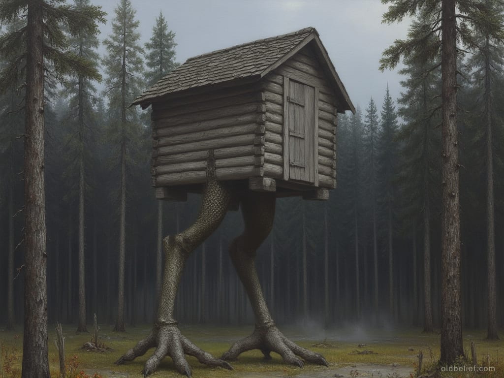 Wooden hut raised on two scaled chicken legs in a dark spruce forest, turning