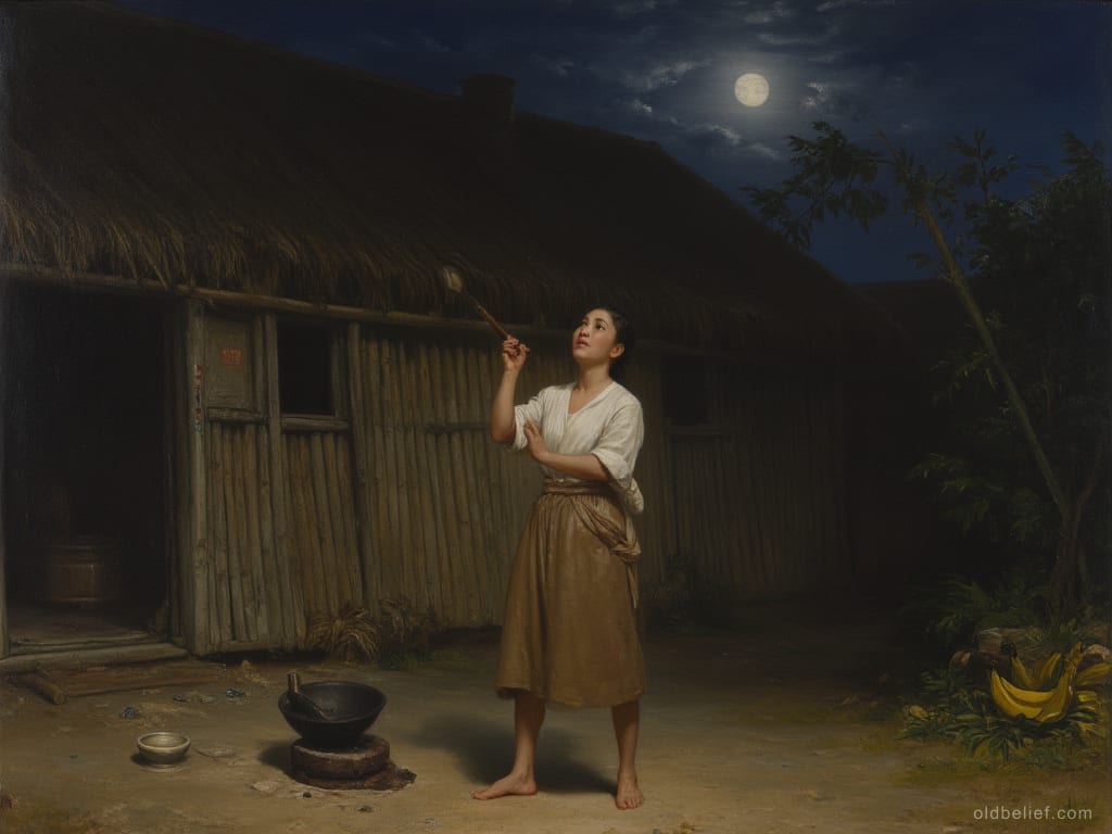 Villagers outdoors at night striking pots and drums, faces turned upward