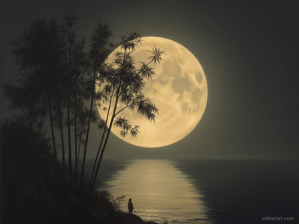 Single moon low over dark water with bamboo silhouetted against its disc