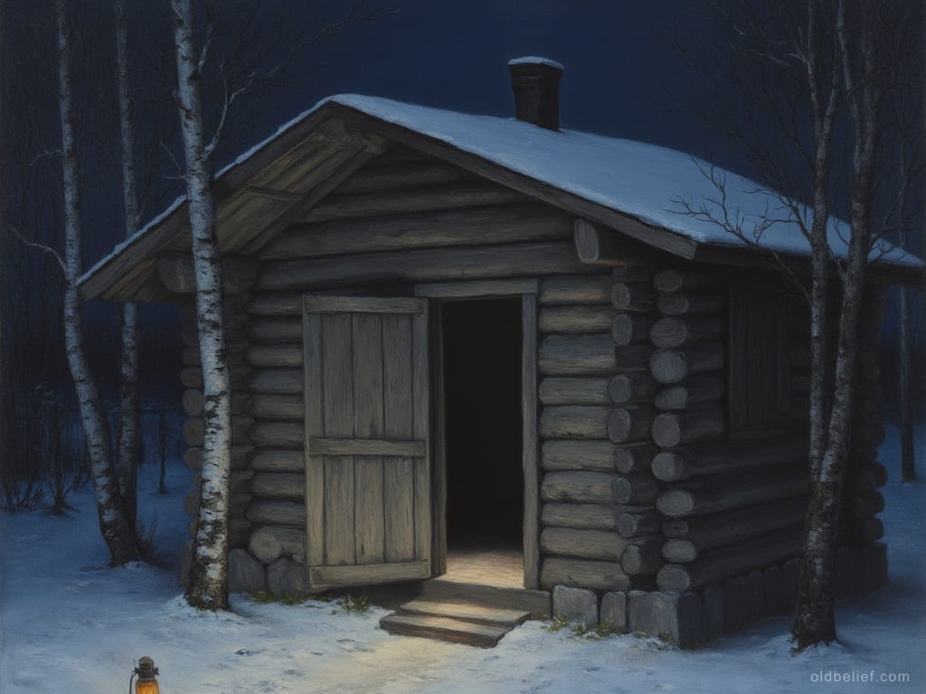 Half-open bathhouse door at night with a shaft of light, the room beyond dark