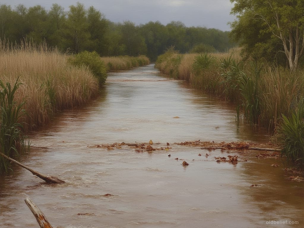 Brown floodwater filling a channel from bank to bank and carrying leaves and branches, tall reeds and grasses standing along both sides under a grey sky