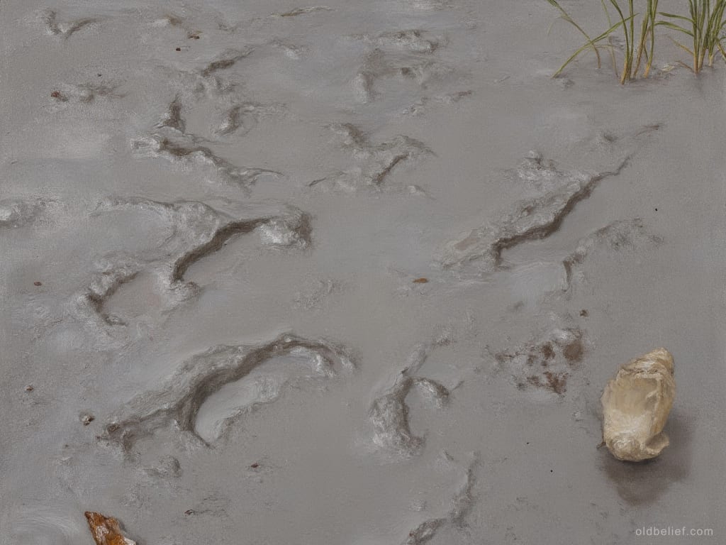 Close view of soft grey river mud printed with deep bare footprints, water seeping into them, a shell and a tuft of grass at the edge