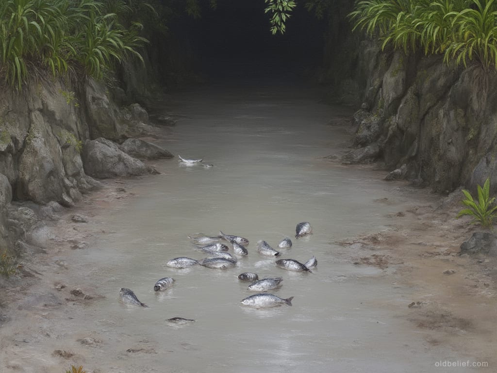 Stream channel drawn down to a film of pale muddy water between rock banks, a dozen silver fish left stranded and flapping in the open