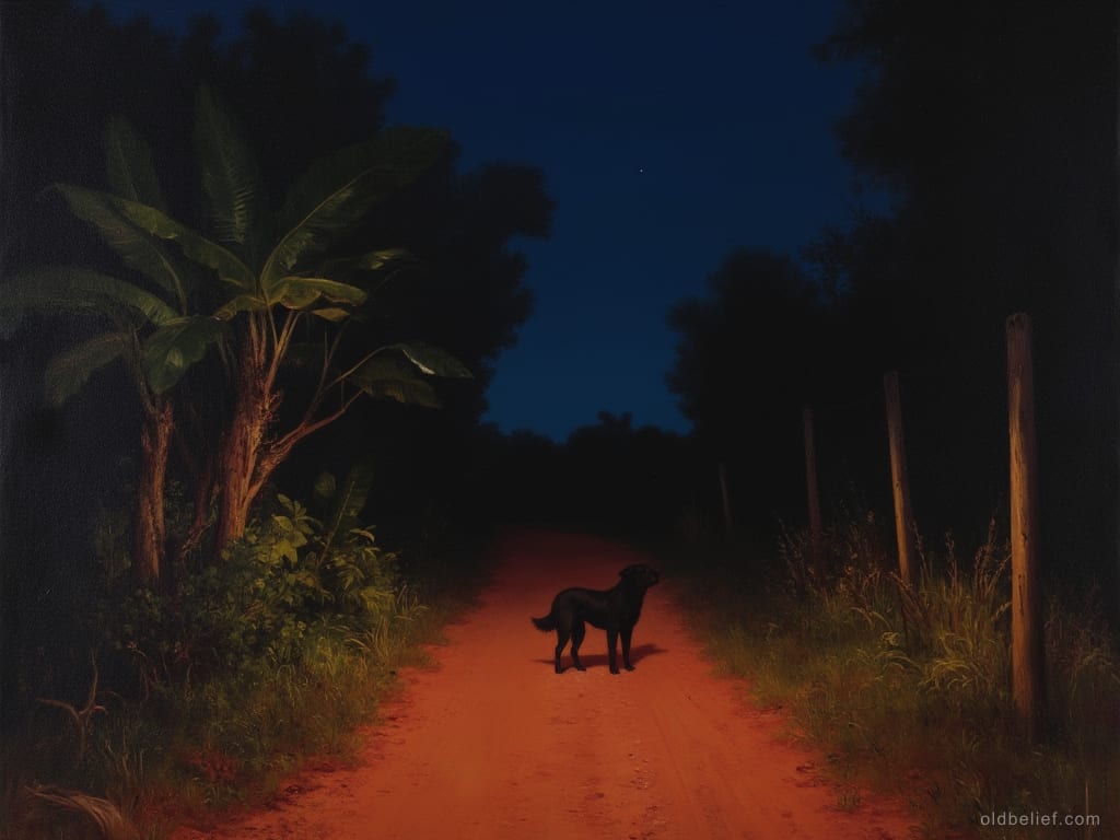 Dirt road at night seen from behind, dark shape at the far edge of the lamplight
