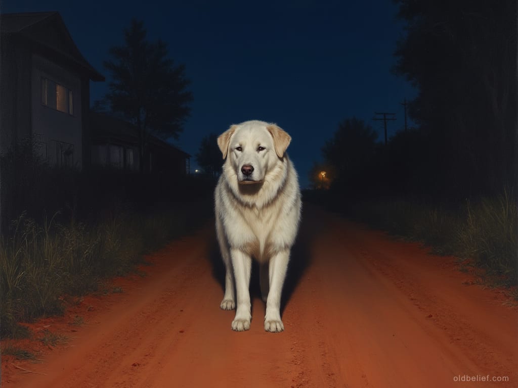 Large shaggy white dog standing in the middle of a dirt road at night