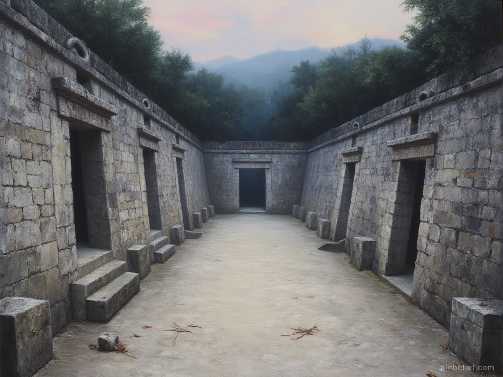 Empty walled stone court at first light, mist along the ground, nobody present