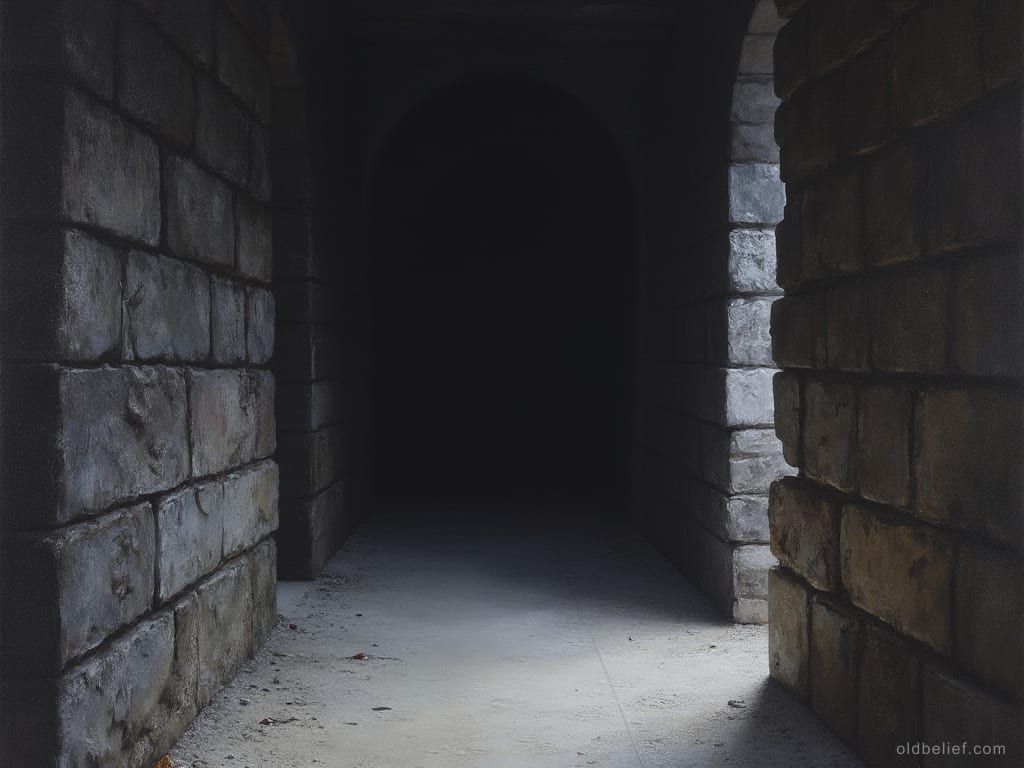 Interior of a long dark stone chamber, ceiling lost in blackness, dust in a shaft of light