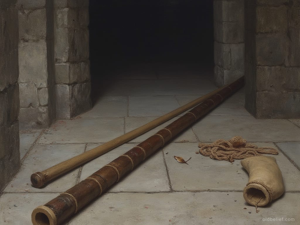 Long blowgun lying across stone, one end open, grey pre-dawn light beyond