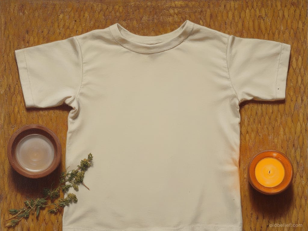 Small plain shirt laid flat and spread out on a woven reed mat, a clay bowl of water on one side, a lit candle on the other and a sprig of dried herbs at its hem