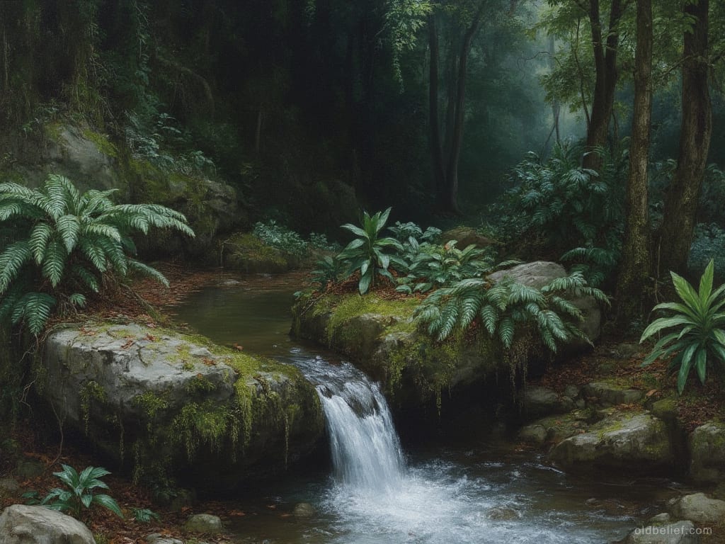 Clear stream falling over a mossy rock ledge into a pool in dense rainforest, ferns and broad-leaved plants crowding both banks