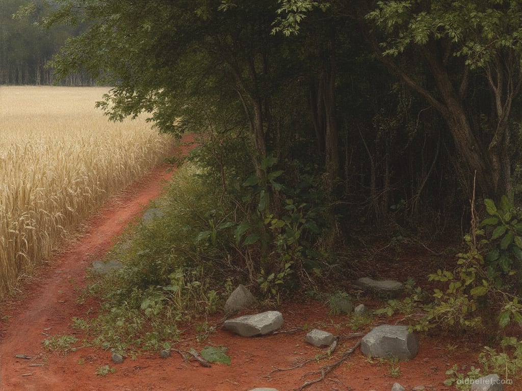 Red earth path running along the edge of a ripe grain field where it meets dense forest, loose stones and tangled scrub filling the corner between them