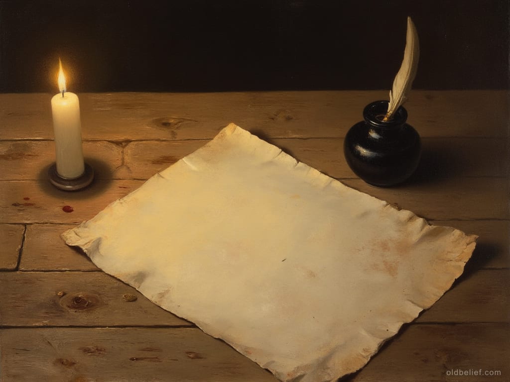 Blank sheet of coarse paper on a plank table between a lit candle and a black inkpot holding a quill