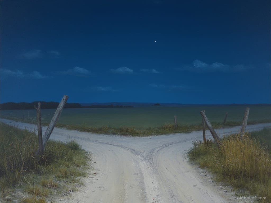 Pale dirt road forking in two between open fields under a deep blue night sky, leaning fence posts at either side, no signpost