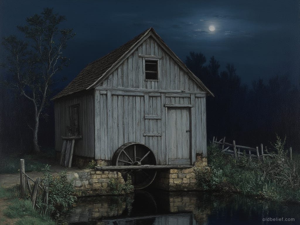 Plank-sided water mill on a stone footing under a full moon, its wheel still above black water