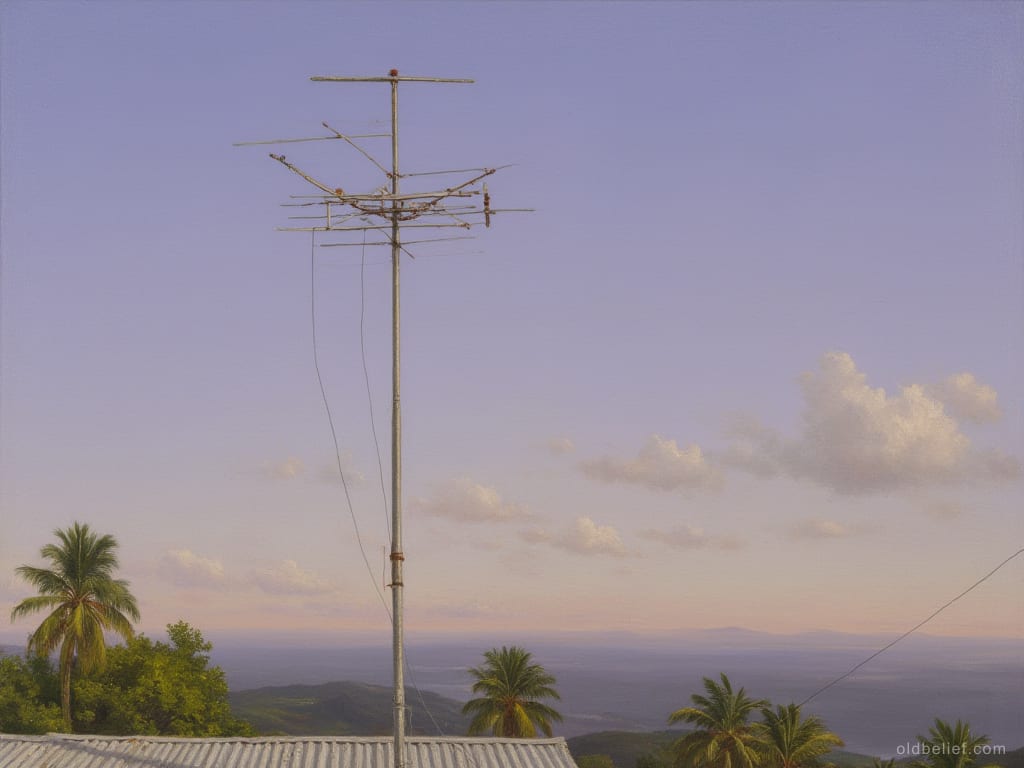 Thin galvanised radio and television aerial fixed to the ridge of a rusted corrugated metal roof, seen from below against an evening sky with palms beyond