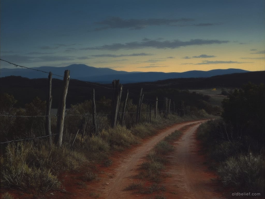 Leaning wire fence running beside a red dirt track through scrub at dusk, dark hills along the horizon and one lit window far off, nothing moving