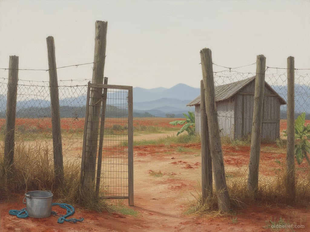 Empty wire-mesh goat pen on bare red earth with its gate standing open, a metal bucket and a blue rope dropped beside the post, a shed and hazed mountains behind