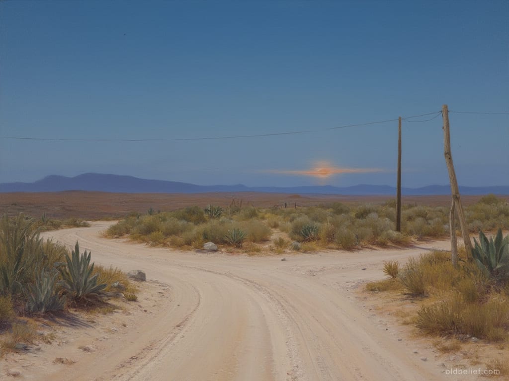 Pale dirt track splitting into three in dry scrub country at dusk, agave and a leaning telegraph pole at the verge, the sun low over distant hills, nobody there