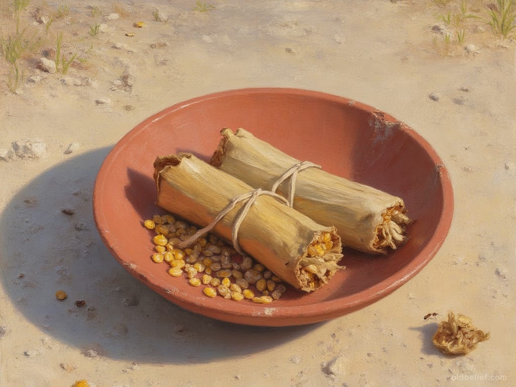 Shallow red clay dish holding two husk-wrapped tamales and a handful of dried maize kernels, set down on bare pale ground in full sun
