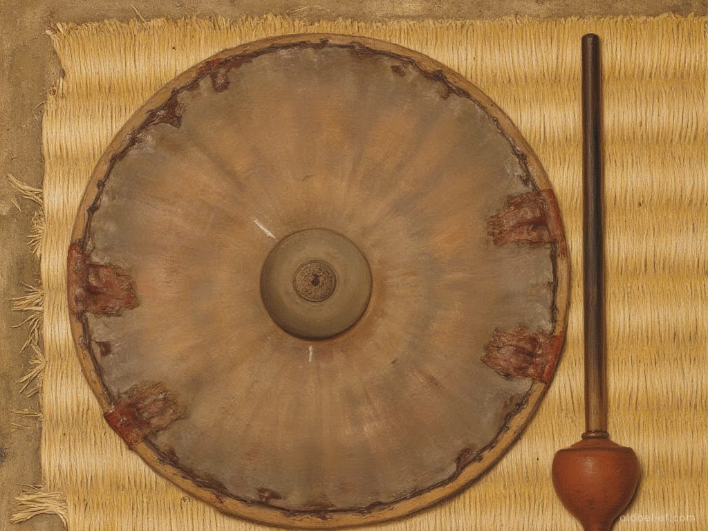 Round hide shield seen from above on a woven straw mat, a wooden spindle weighted with a clay whorl lying upright beside it