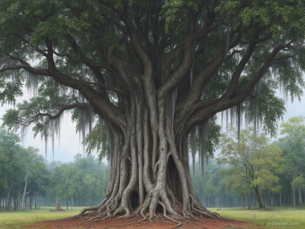 Vast strangler fig standing alone on open grass, its fused trunk full of dark hollows and curtains of aerial roots hanging from every branch
