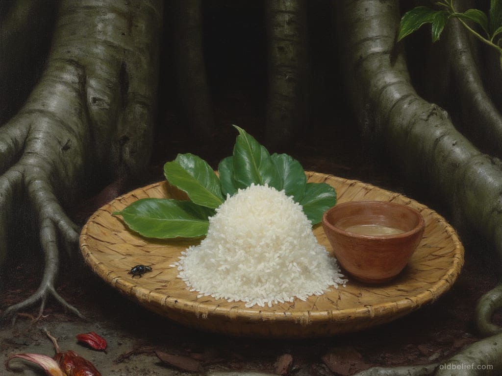 Round woven tray set on the ground between buttress roots, holding a heaped cone of white rice, broad green leaves and a small clay cup of liquid