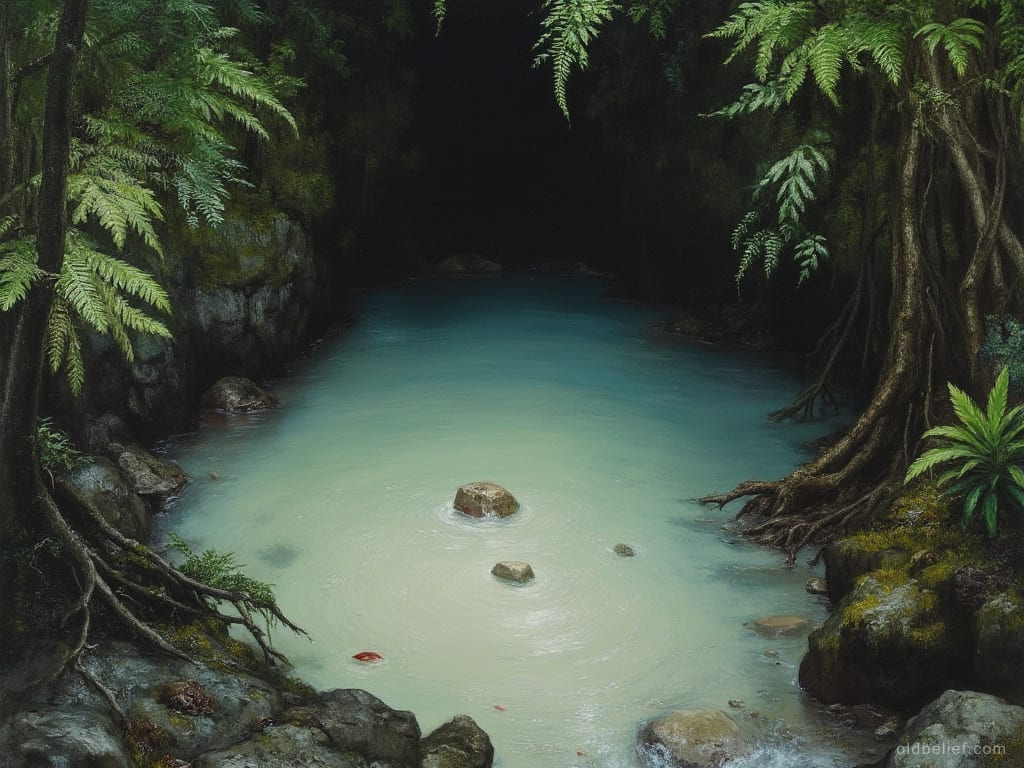 Still pale green pool held in a rock basin deep in dark forest, boulders breaking its surface and ferns and tree roots hanging over the edges