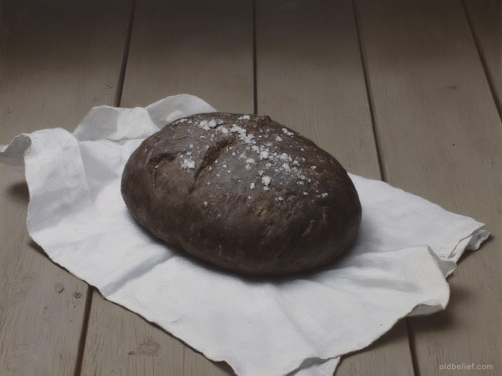 Dark bread sprinkled with salt, wrapped in white linen, set on a wooden floor