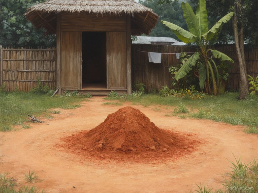 Cone of red earth standing in the middle of a swept bare yard, the ground raked clear all around it, a thatched house and banana plants behind