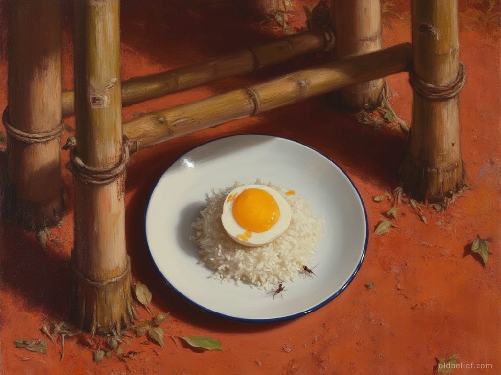 White enamel plate holding a mound of rice with half a boiled egg on it, set on red earth at the foot of a lashed bamboo house ladder, two ants on the rim