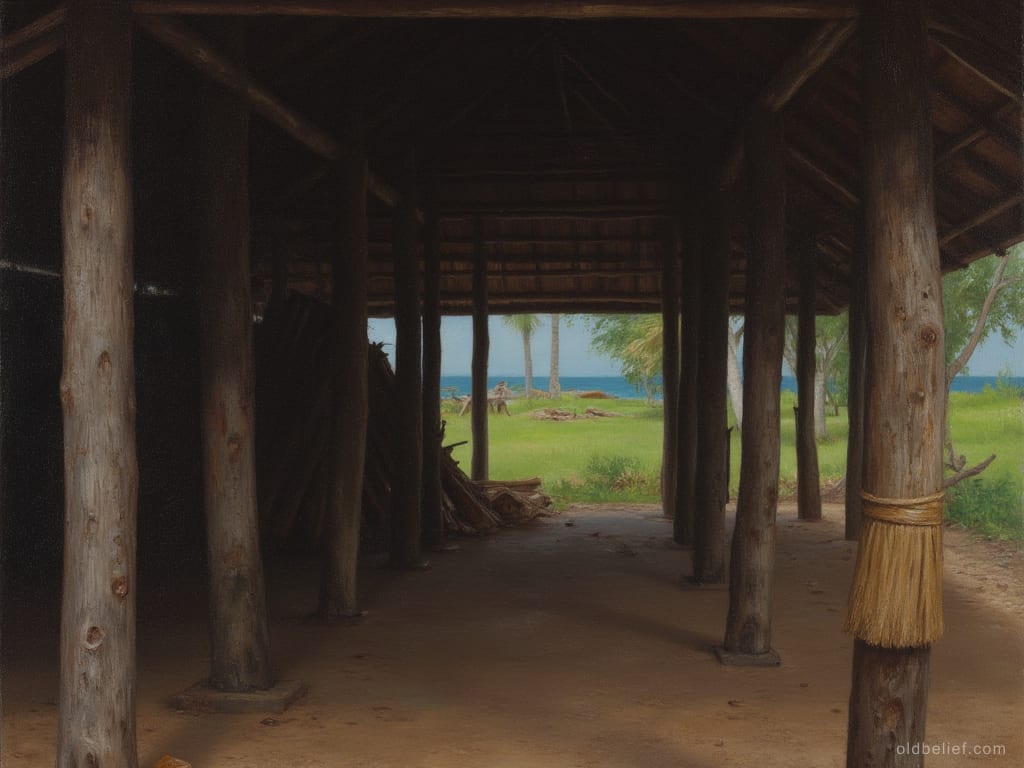 Shadowed space under a house raised on heavy timber posts, bare swept earth between them, firewood stacked at one side and bright grass and sea showing beyond