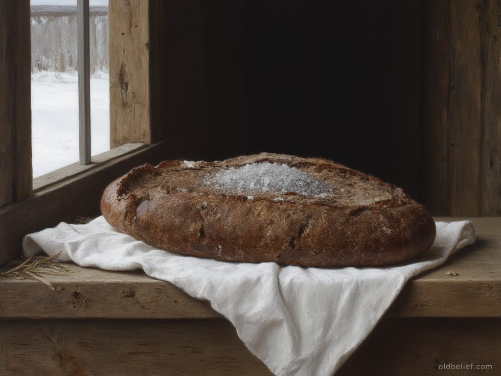 Whole dark rye loaf with coarse salt heaped in a hollow in its crust, set on a white cloth on a byre window sill with snow outside