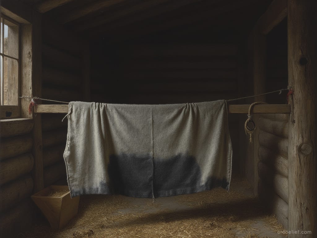 Pale woollen blanket with a dark sweat stain across it, hung over the rail of an empty stall, rope coiled on the post and straw on the floor