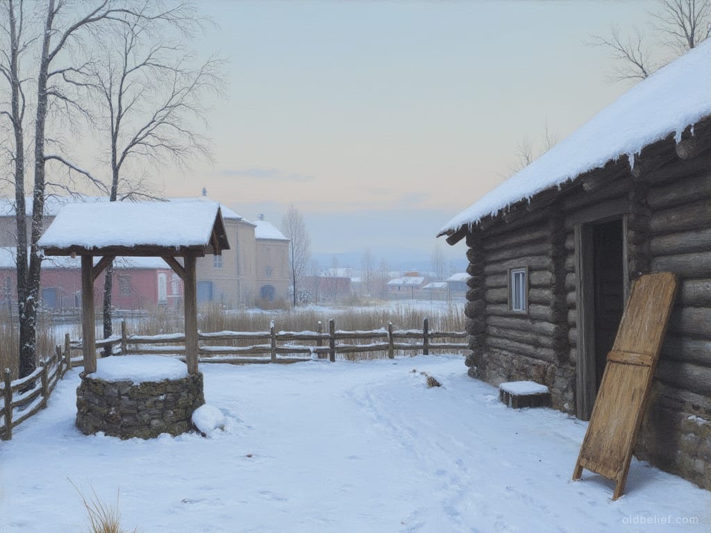 Snow-covered farmyard at first light, a roofed stone well on one side and a log byre with its door open on the other, rail fence and village roofs beyond