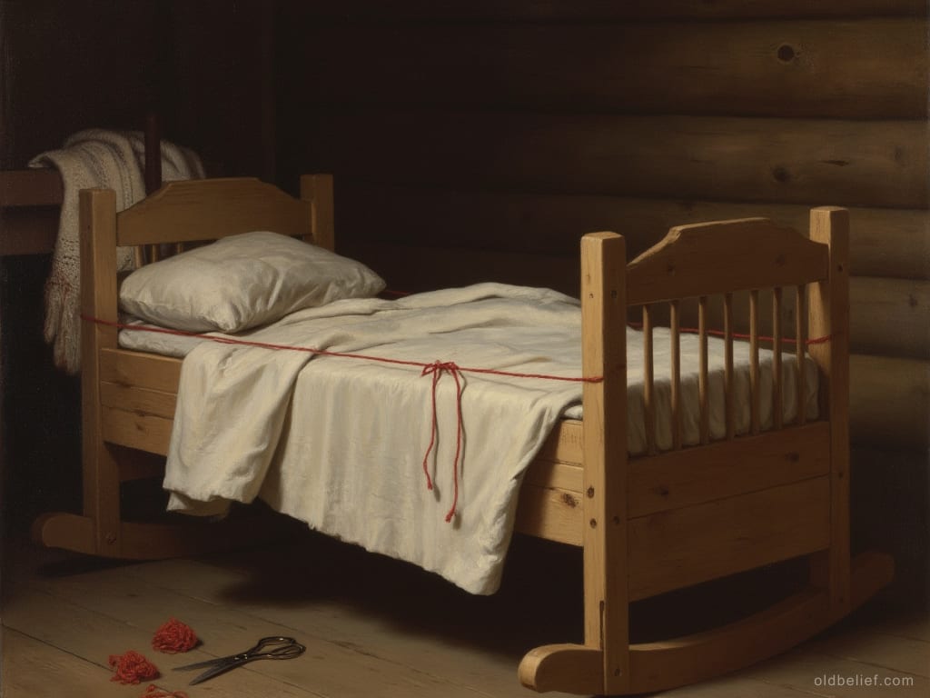 Empty wooden rocking cradle with white bedding, a red woollen thread tied round it and knotted in the middle, loose red yarn and a pair of scissors on the floorboards