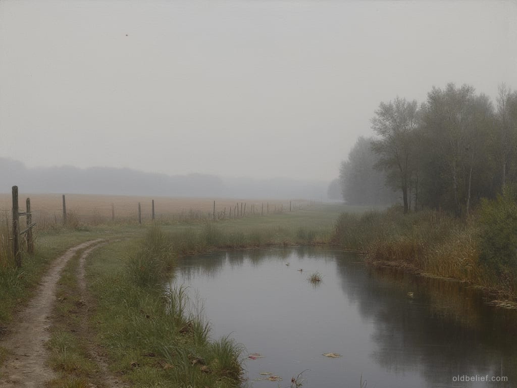 Still reed-fringed water at the edge of a field in heavy grey mist, a rutted track and a line of leaning fence posts running past it