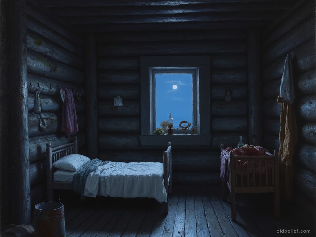 Log cottage room lit only by the moon through its one window, a bed with white bedding on one side and a cradle on the other, no lamp burning