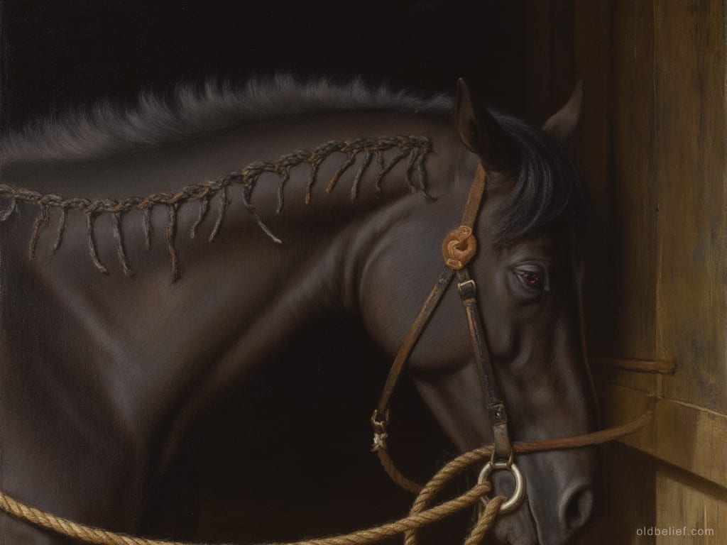 Dark horse in a dim stable seen close from the side, its mane worked into a long row of small tight braids along the whole crest of the neck, a halter rope under its jaw
